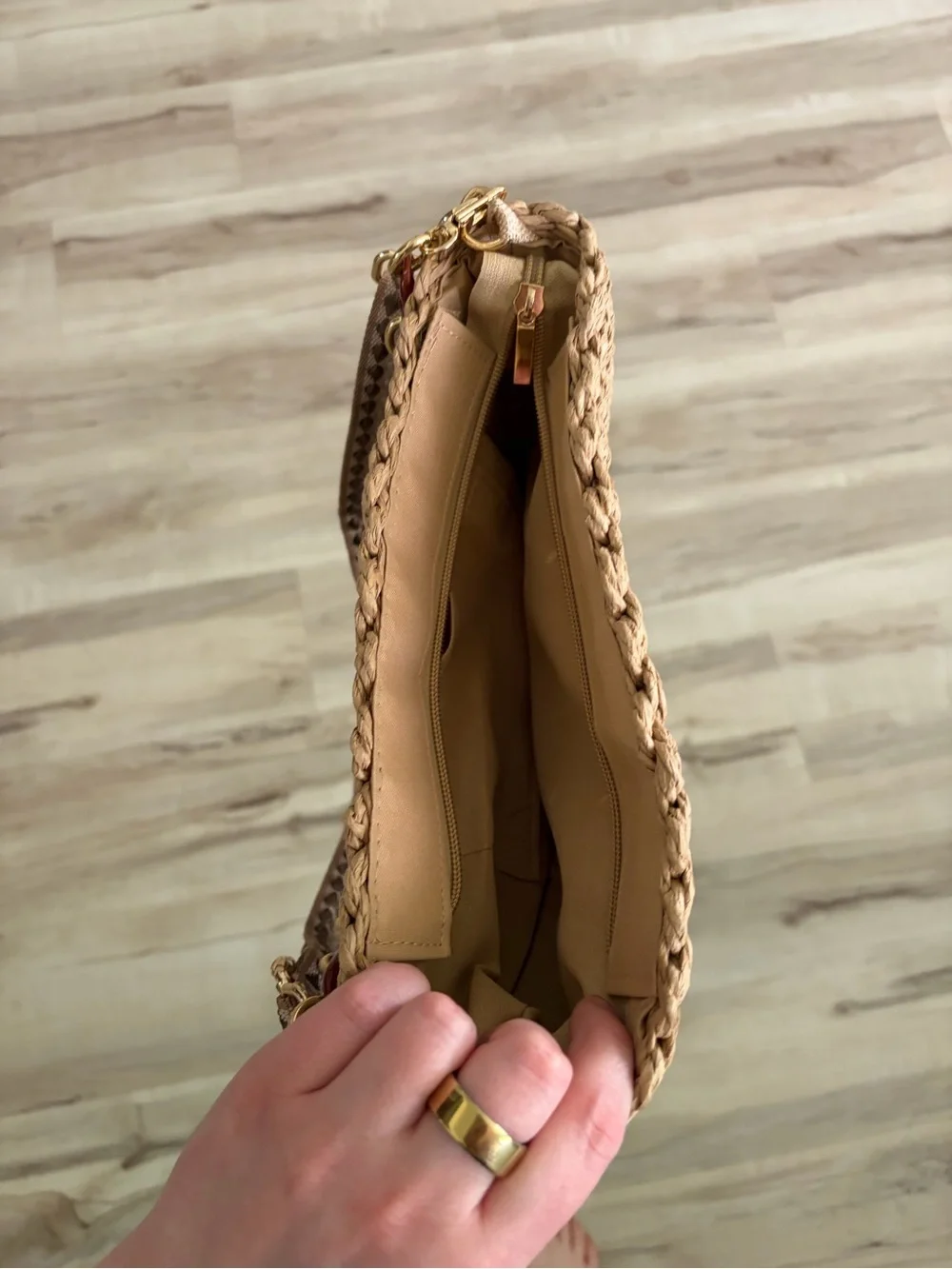 Woven Half-Moon Crossbody Bag in Brown with Gold Chain Detail